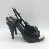 Chanel Bicolor Cap Toe Slingback Platform Pumps Black & White Patent Size 39.5