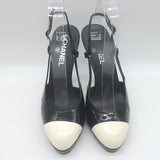 Chanel Bicolor Cap Toe Slingback Platform Pumps Black & White Patent Size 39.5