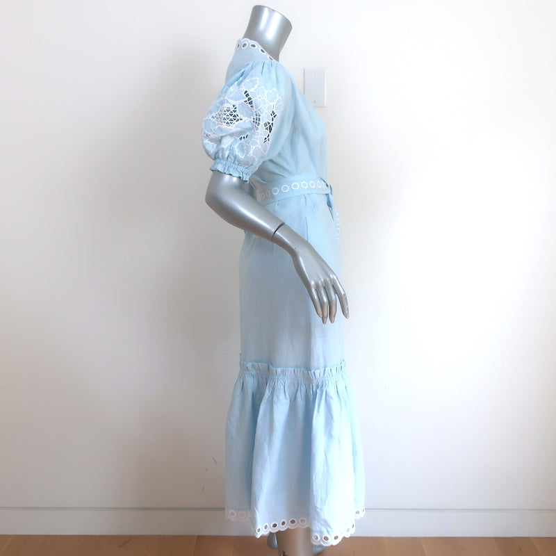 Fanm Mon Cide Midi Wrap Dress Light Blue Embroidered Linen Size Extra Small