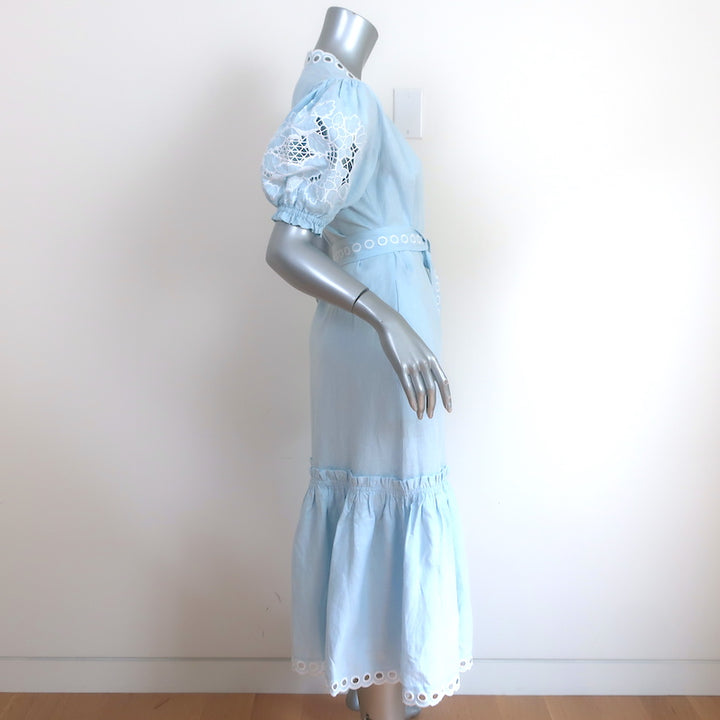 Fanm Mon Cide Midi Wrap Dress Light Blue Embroidered Linen Size Extra Small