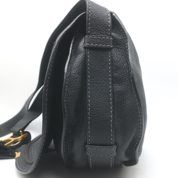Chloe Marcie Medium Crossbody Saddle Bag Black Grained Leather