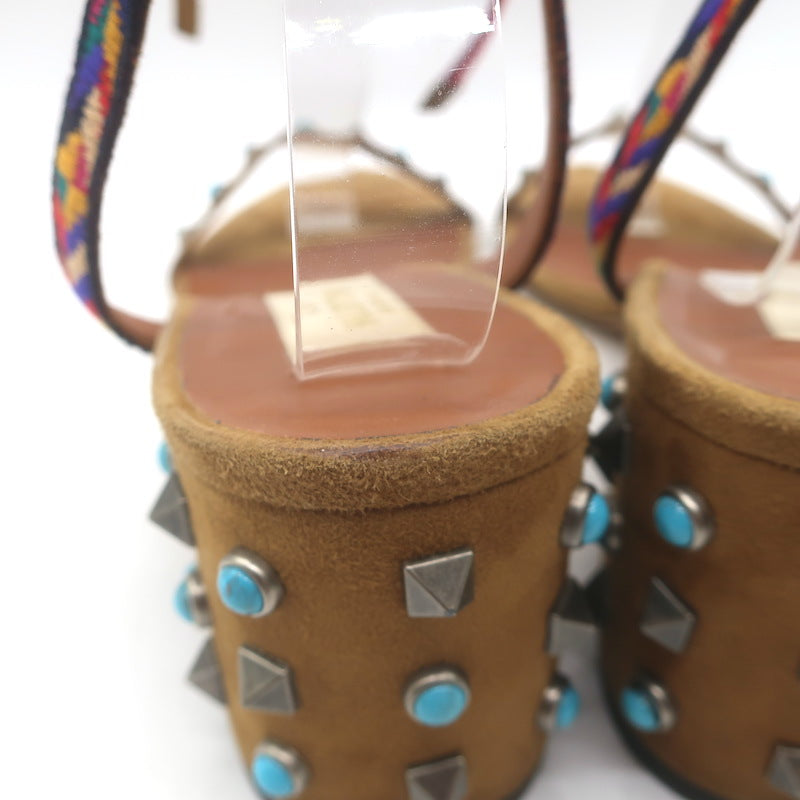 Valentino Rockstud Rolling Ankle-Tie Sandals Brown Suede Size 40.5