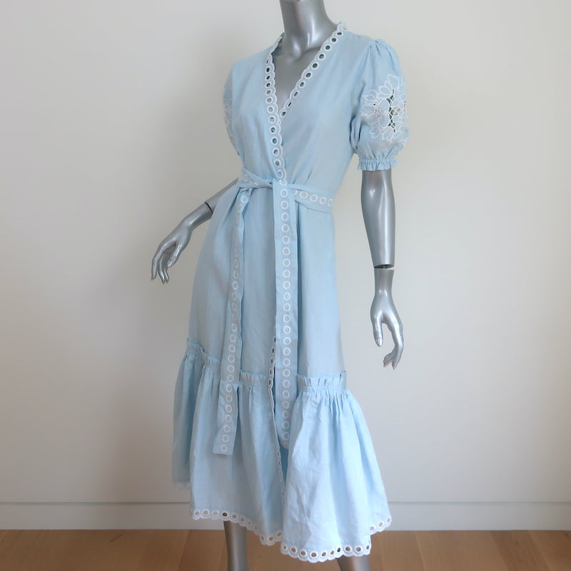 Fanm Mon Cide Midi Wrap Dress Light Blue Embroidered Linen Size Extra Small
