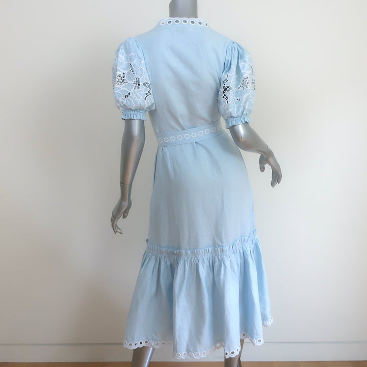 Fanm Mon Cide Midi Wrap Dress Light Blue Embroidered Linen Size Extra Small