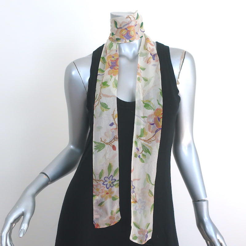 Christian Dior Skinny Scarf Cream Floral Print Chiffon Neck Tie