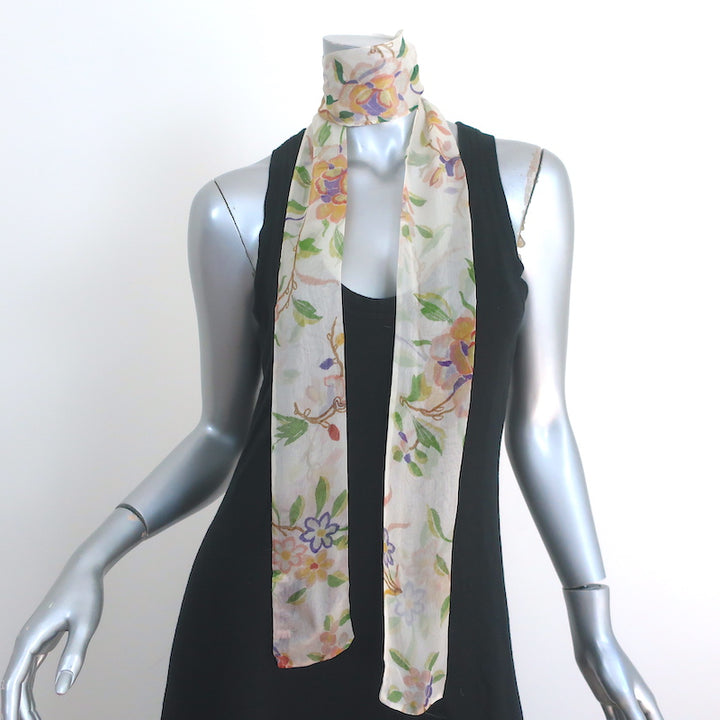 Christian Dior Skinny Scarf Cream Floral Print Chiffon Neck Tie