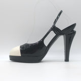 Chanel Bicolor Cap Toe Slingback Platform Pumps Black & White Patent Size 39.5