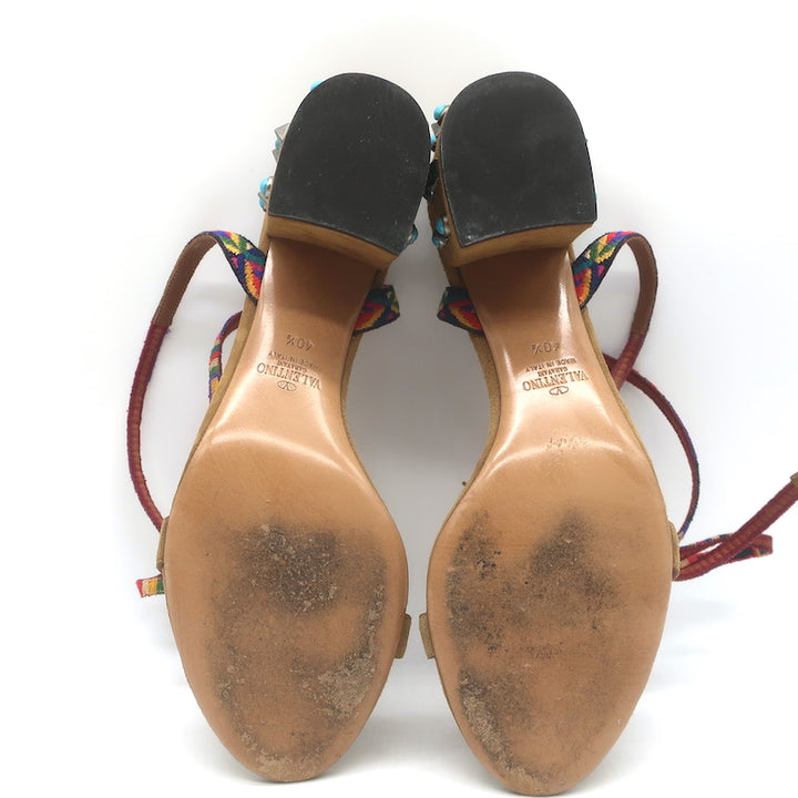 Valentino Rockstud Rolling Ankle-Tie Sandals Brown Suede Size 40.5