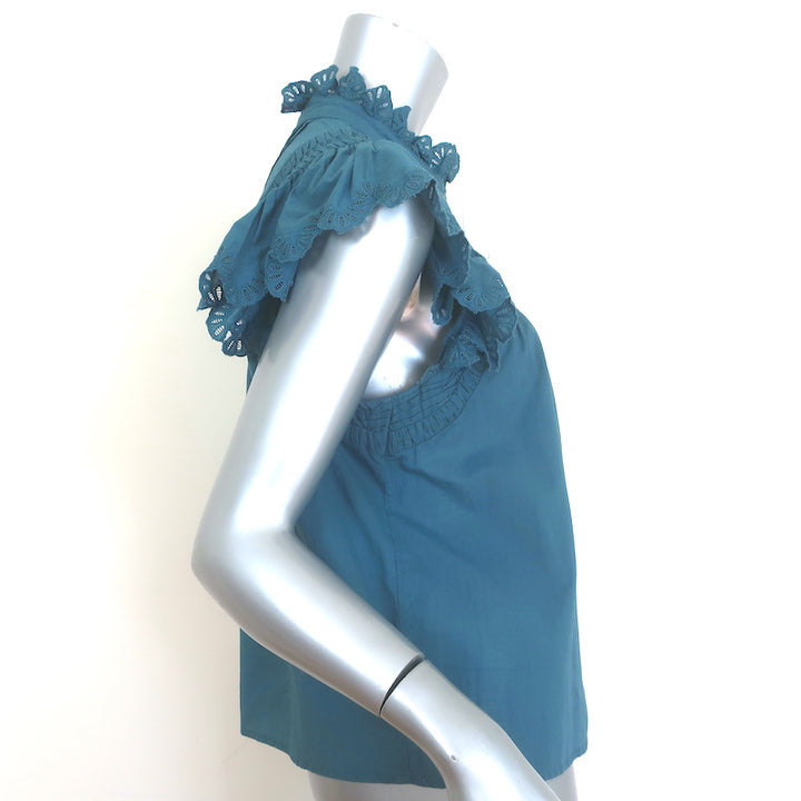 SEA Adrienne Embroidered-Trim Top Teal Cotton Size Medium Button-Up Blouse