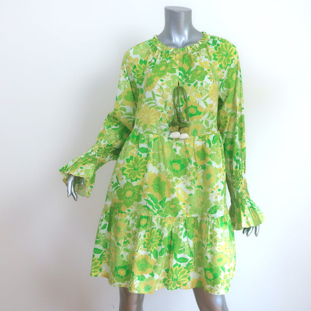 Figue Bella Tiered Mini Dress Lime Retro Floral Print Cotton Size
