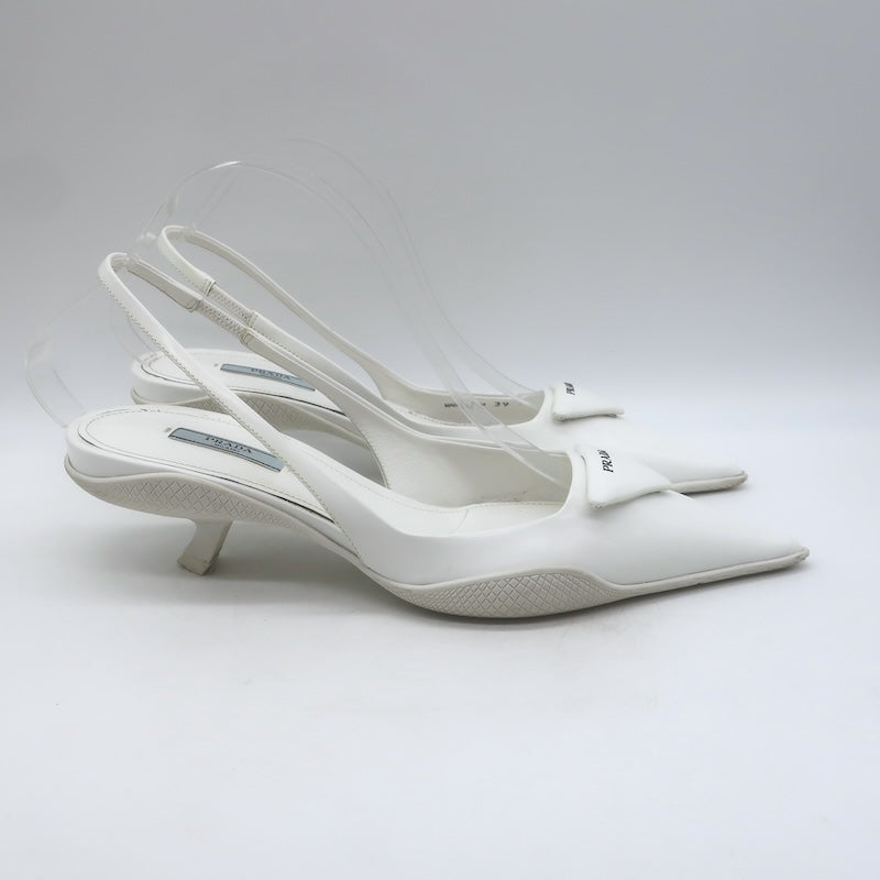 Prada Spazzolato Triangle Logo Kitten Heel Slingback Pumps White Leather Size 39
