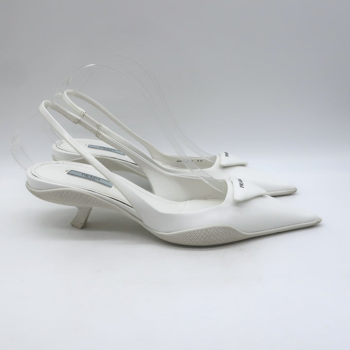 Prada Spazzolato Triangle Logo Kitten Heel Slingback Pumps White Leather Size 39