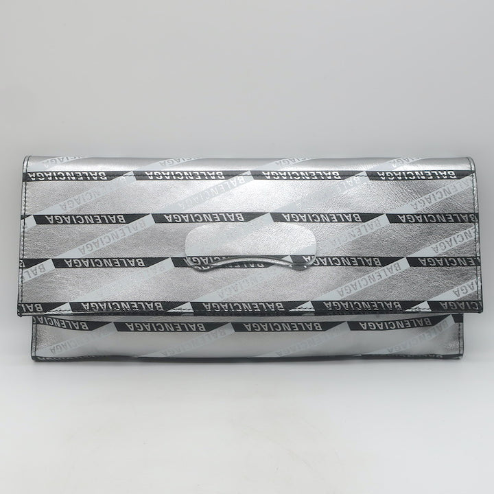Balenciaga Losange Allover Logo Fold Over Shopper Tote Silver Leather Clutch