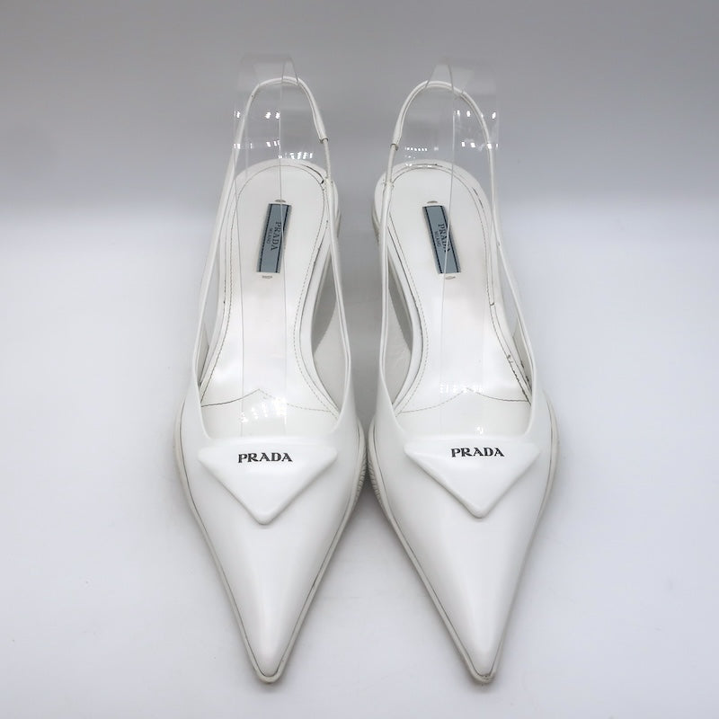Prada Spazzolato Triangle Logo Kitten Heel Slingback Pumps White Leather Size 39