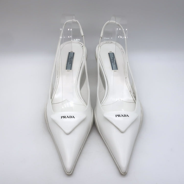 Prada Spazzolato Triangle Logo Kitten Heel Slingback Pumps White Leather Size 39