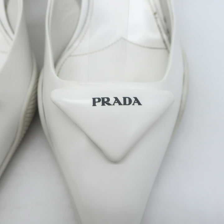 Prada Spazzolato Triangle Logo Kitten Heel Slingback Pumps White Leather Size 39