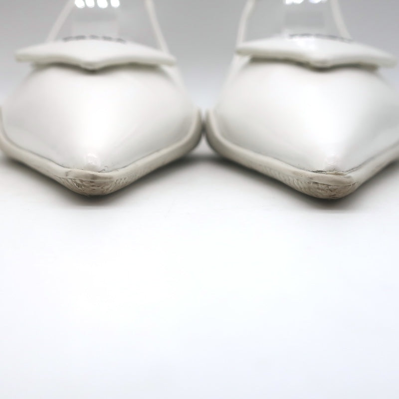 Prada Spazzolato Triangle Logo Kitten Heel Slingback Pumps White Leather Size 39