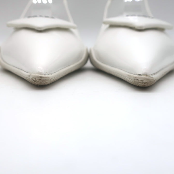 Prada Spazzolato Triangle Logo Kitten Heel Slingback Pumps White Leather Size 39