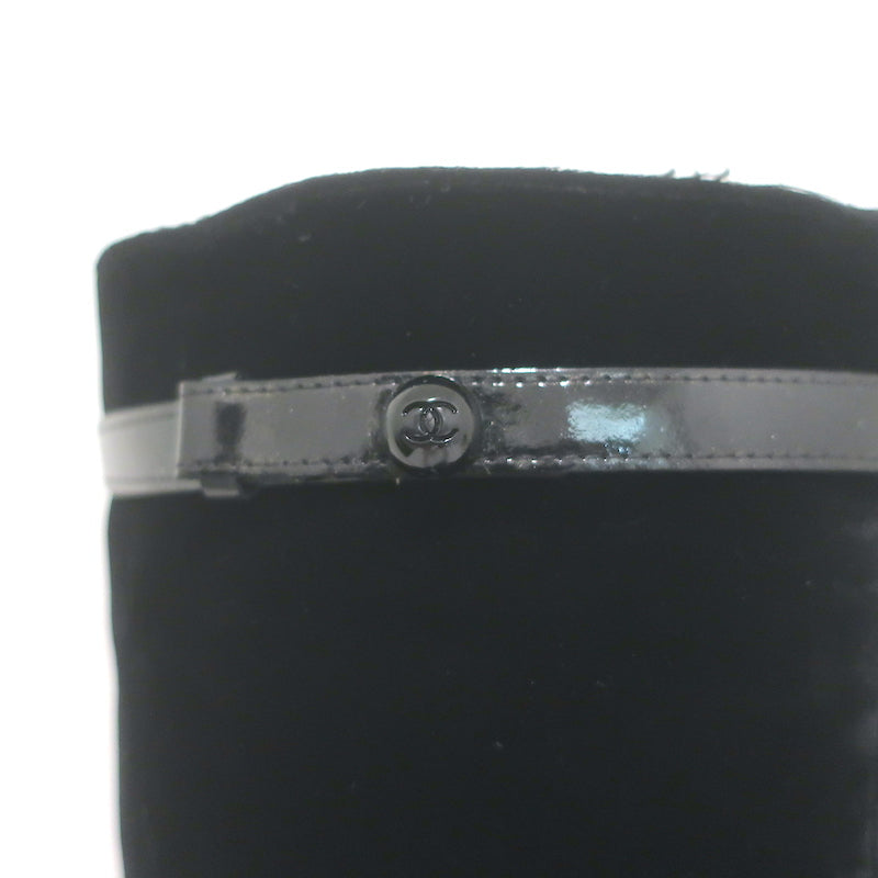 Chanel CC-Strap Cap Toe Tall Boots Black Velvet &amp; Patent Leather Size 40