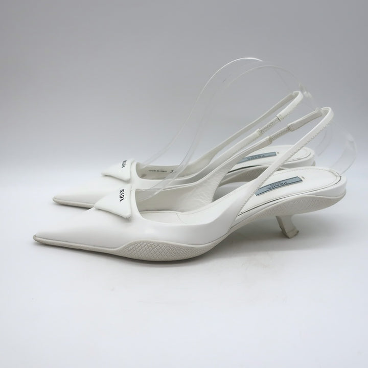 Prada Spazzolato Triangle Logo Kitten Heel Slingback Pumps White Leather Size 39