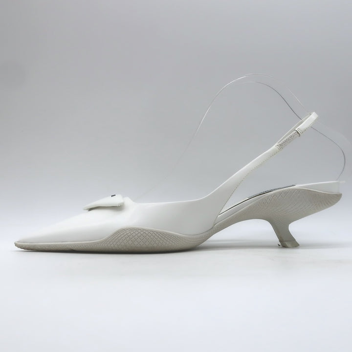Prada Spazzolato Triangle Logo Kitten Heel Slingback Pumps White Leather Size 39