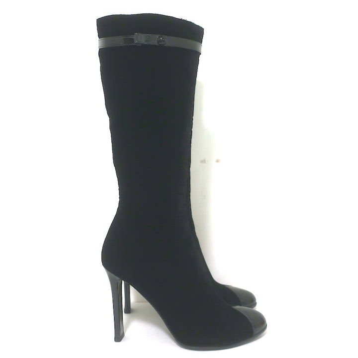 Chanel CC-Strap Cap Toe Tall Boots Black Velvet &amp; Patent Leather Size 40