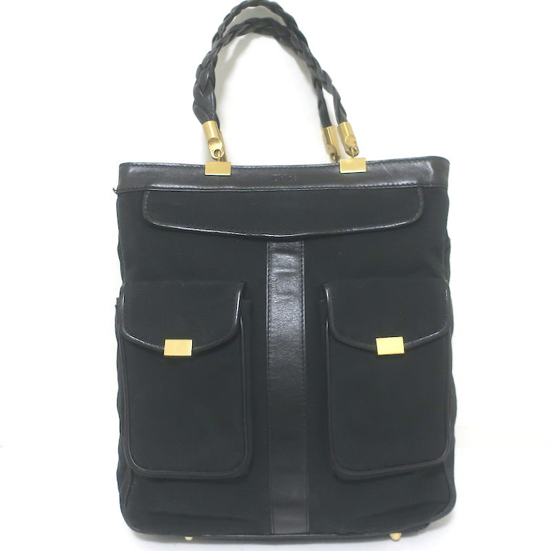 Chloe Braided Strap Front-Pocket Large Tote Black Leather-Trimmed Canvas