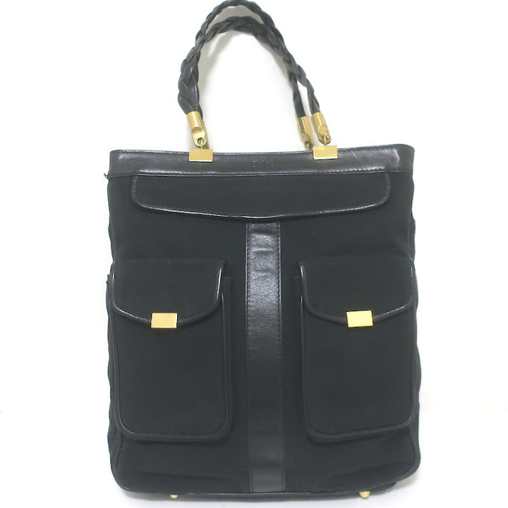 Chloe Braided Strap Front-Pocket Large Tote Black Leather-Trimmed Canvas