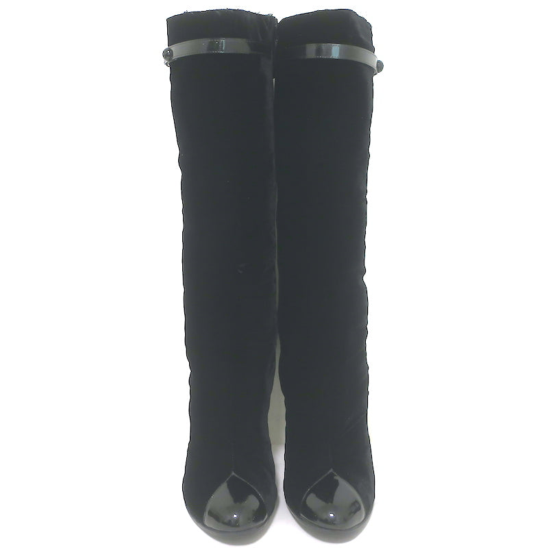 Chanel CC-Strap Cap Toe Tall Boots Black Velvet &amp; Patent Leather Size 40