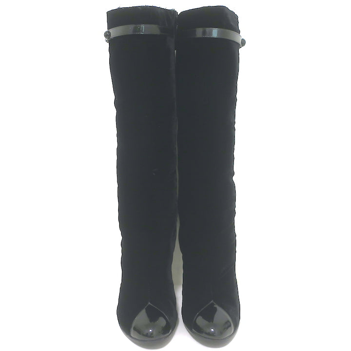 Chanel CC-Strap Cap Toe Tall Boots Black Velvet &amp; Patent Leather Size 40