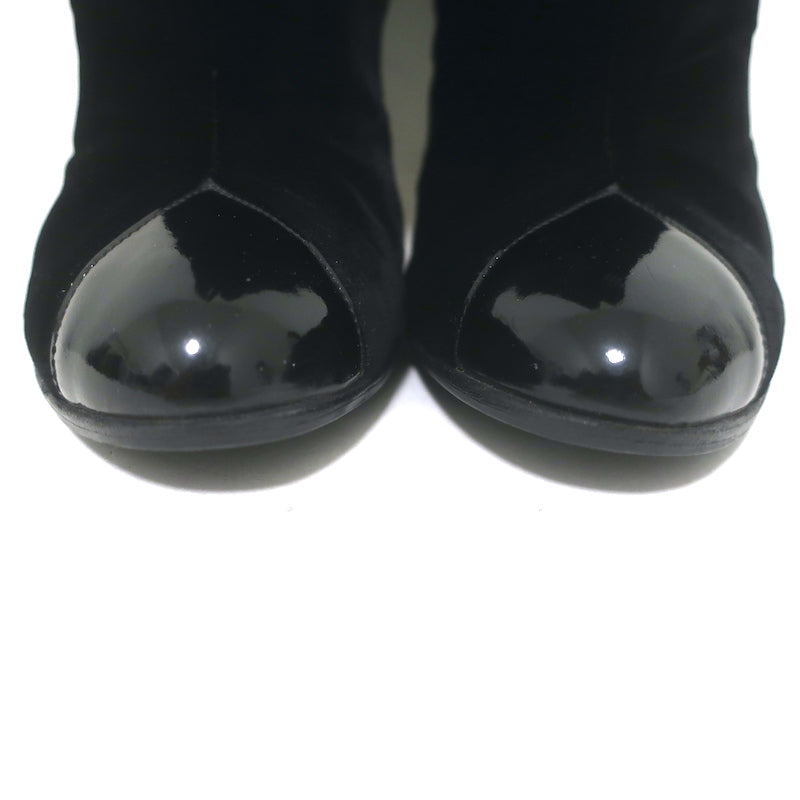 Chanel CC-Strap Cap Toe Tall Boots Black Velvet &amp; Patent Leather Size 40