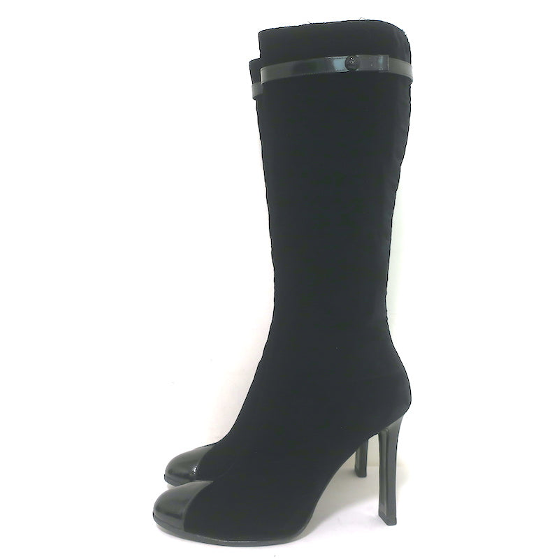 Chanel CC-Strap Cap Toe Tall Boots Black Velvet &amp; Patent Leather Size 40