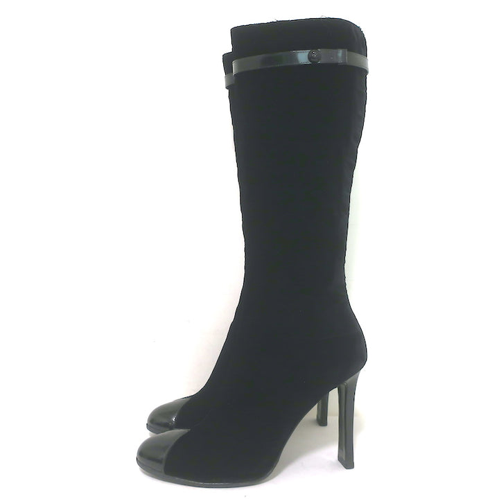 Chanel CC-Strap Cap Toe Tall Boots Black Velvet &amp; Patent Leather Size 40