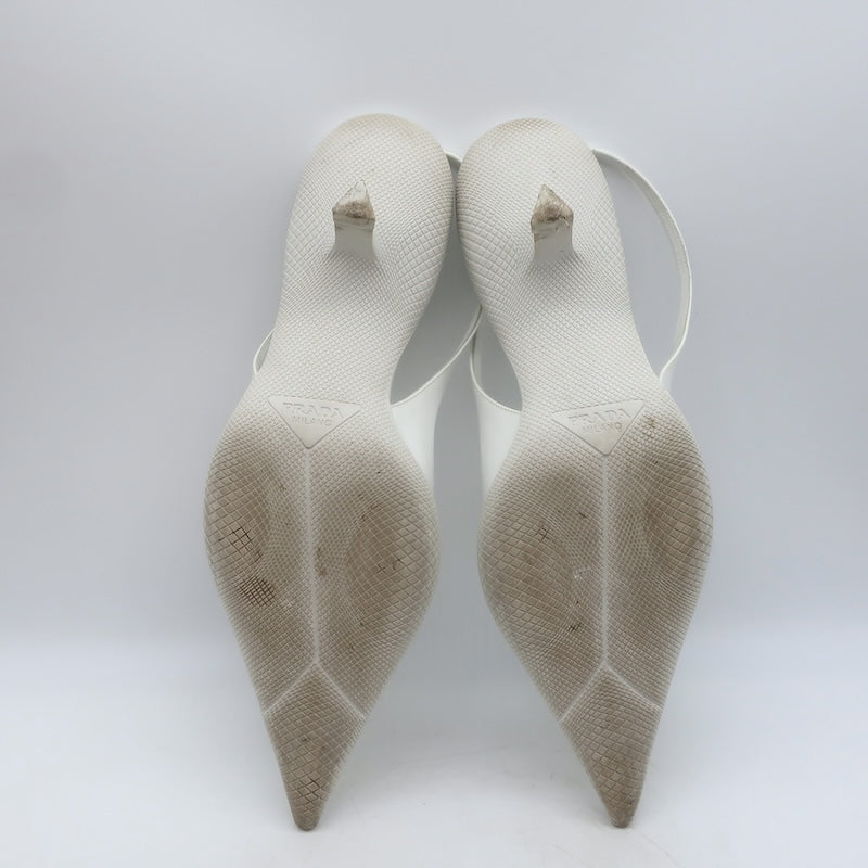 Prada Spazzolato Triangle Logo Kitten Heel Slingback Pumps White Leather Size 39