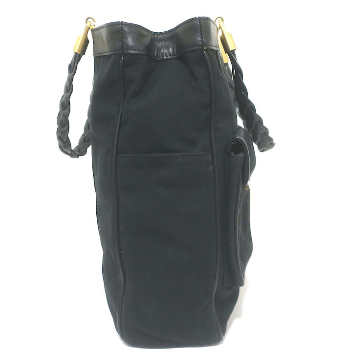 Chloe Braided Strap Front-Pocket Large Tote Black Leather-Trimmed Canvas