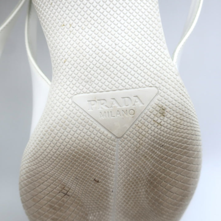 Prada Spazzolato Triangle Logo Kitten Heel Slingback Pumps White Leather Size 39