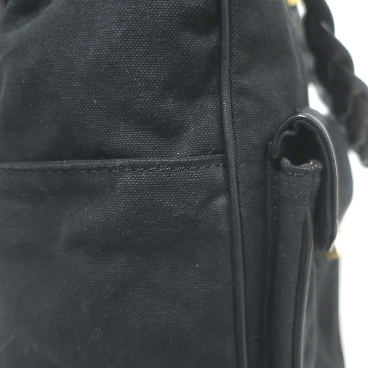 Chloe Braided Strap Front-Pocket Large Tote Black Leather-Trimmed Canvas