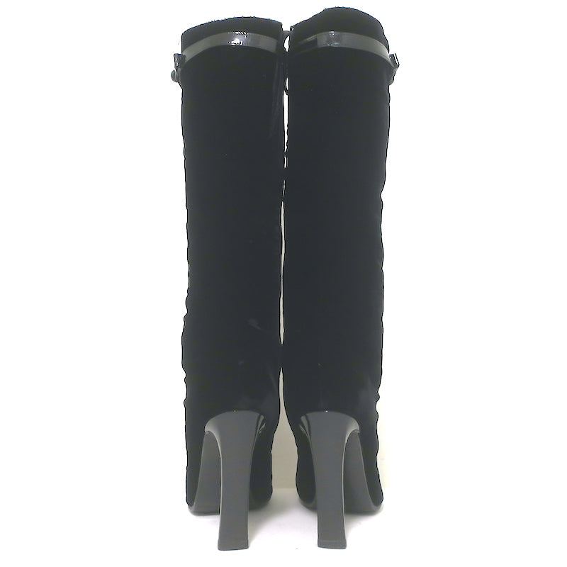 Chanel CC-Strap Cap Toe Tall Boots Black Velvet &amp; Patent Leather Size 40