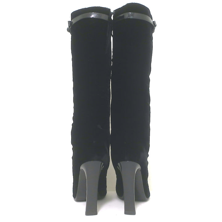Chanel CC-Strap Cap Toe Tall Boots Black Velvet &amp; Patent Leather Size 40