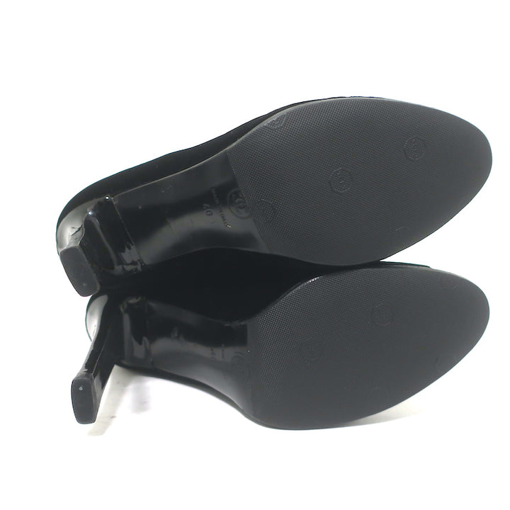 Chanel CC-Strap Cap Toe Tall Boots Black Velvet &amp; Patent Leather Size 40