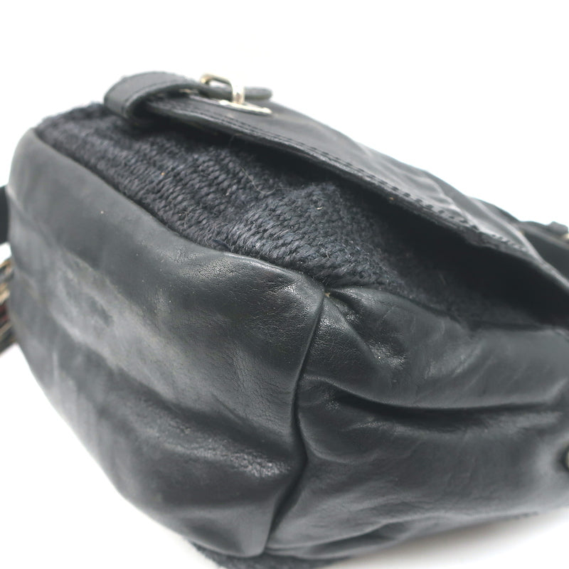Isabel Marant Woven Strap Small Crossbody Flap Bag Black Raffia and Leather