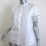 Temperley Lace-Trimmed Button Down Shirt White Cotton Size US 6 Short Sleeve Top