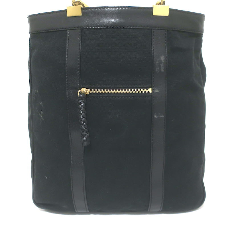 Chloe Braided Strap Front-Pocket Large Tote Black Leather-Trimmed Canvas