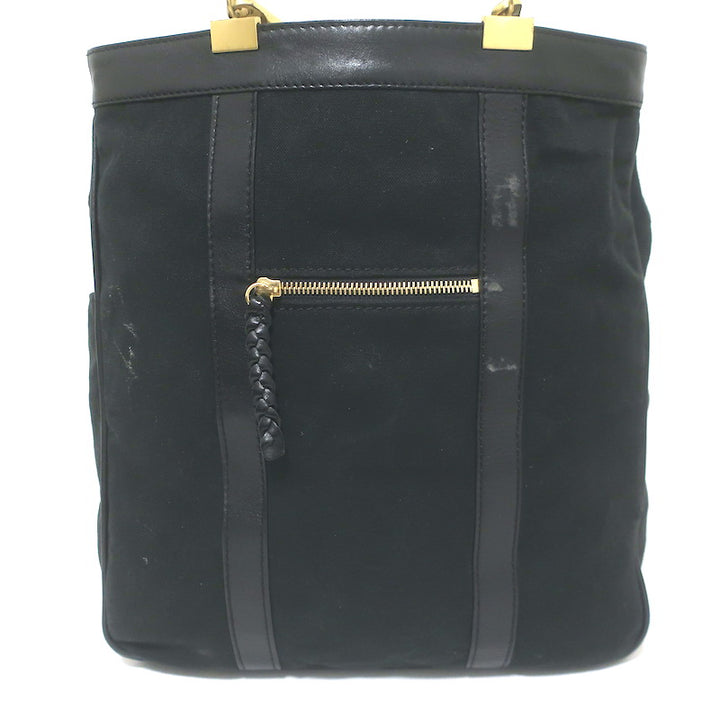 Chloe Braided Strap Front-Pocket Large Tote Black Leather-Trimmed Canvas