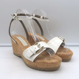 Stella McCartney Linda Cork Wedge Sandals White Faux Patent Leather Size 38