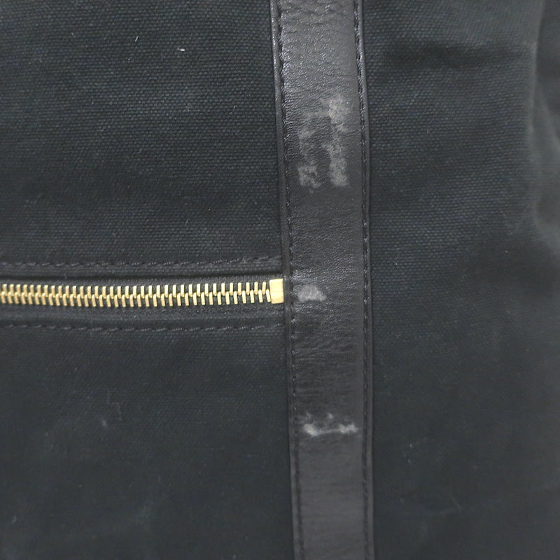 Chloe Braided Strap Front-Pocket Large Tote Black Leather-Trimmed Canvas