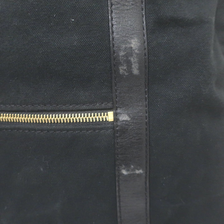 Chloe Braided Strap Front-Pocket Large Tote Black Leather-Trimmed Canvas
