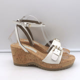 Stella McCartney Linda Cork Wedge Sandals White Faux Patent Leather Size 38