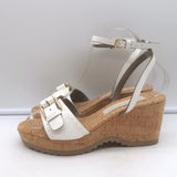 Stella McCartney Linda Cork Wedge Sandals White Faux Patent Leather Size 38