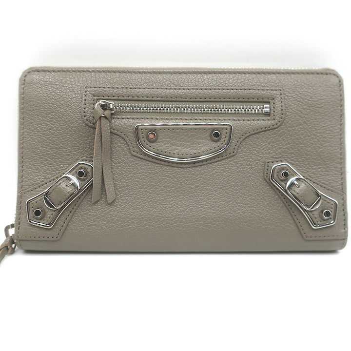 Balenciaga Metallic Edge Continental Zip Around Wallet Taupe Grained Leather